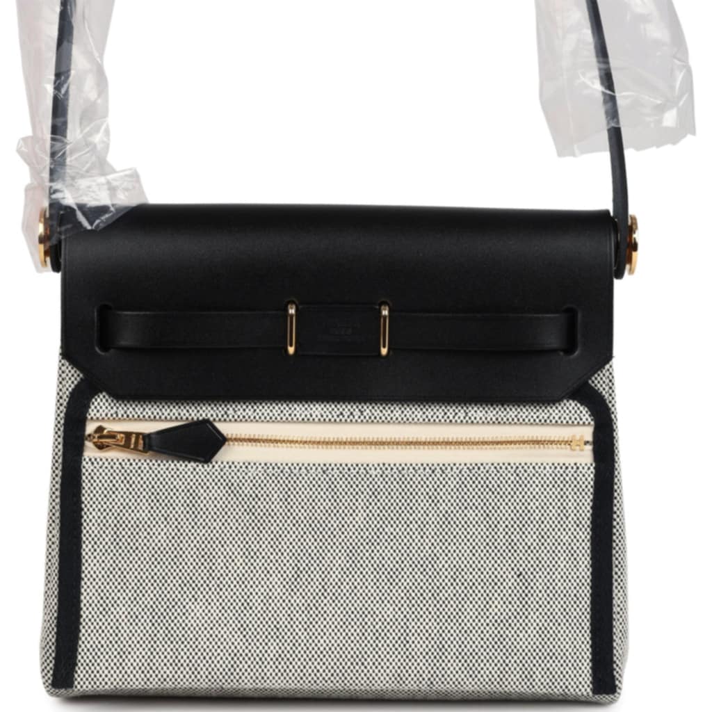 Herbag Zip 20 Mini Ecru and Black Toile H Canvas and Black Vache Hunter Gold Hardware