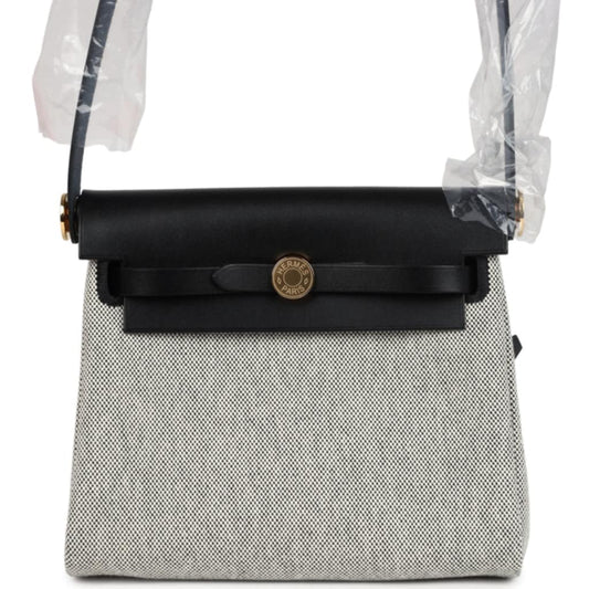 Herbag Zip 20 Mini Ecru and Black Toile H Canvas and Black Vache Hunter Gold Hardware