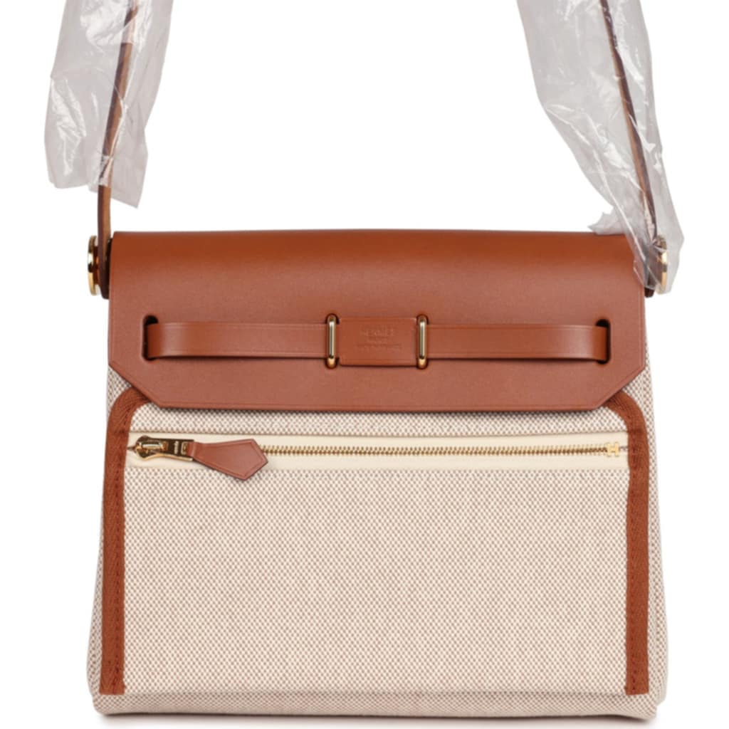 Herbag Zip 20 Mini Ecru and Beige Toile H Canvas and Fauve Vache Hunter Gold Hardware