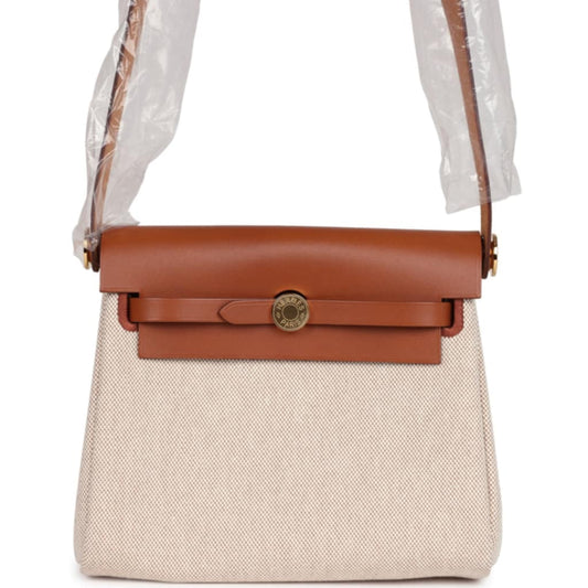Herbag Zip 20 Mini Ecru and Beige Toile H Canvas and Fauve Vache Hunter Gold Hardware
