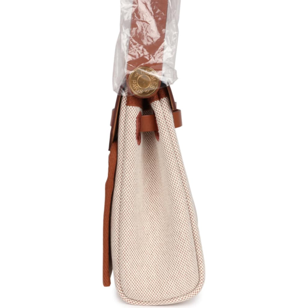Herbag Zip 20 Mini Ecru and Beige Toile H Canvas and Fauve Vache Hunter Gold Hardware