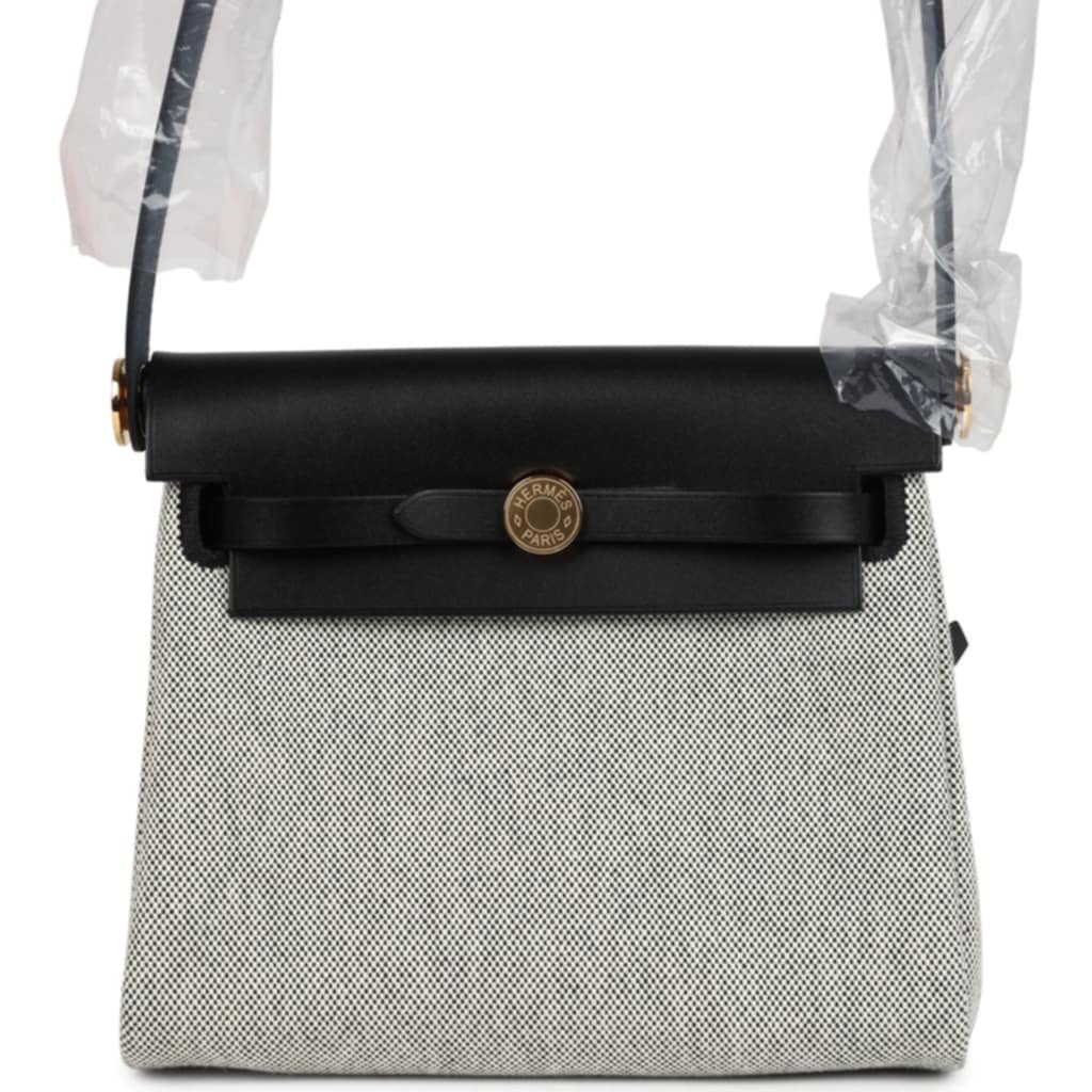 Herbag Zip 20 Mini Ecru and Black Toile H Canvas and Black Vache Hunter Gold Hardware